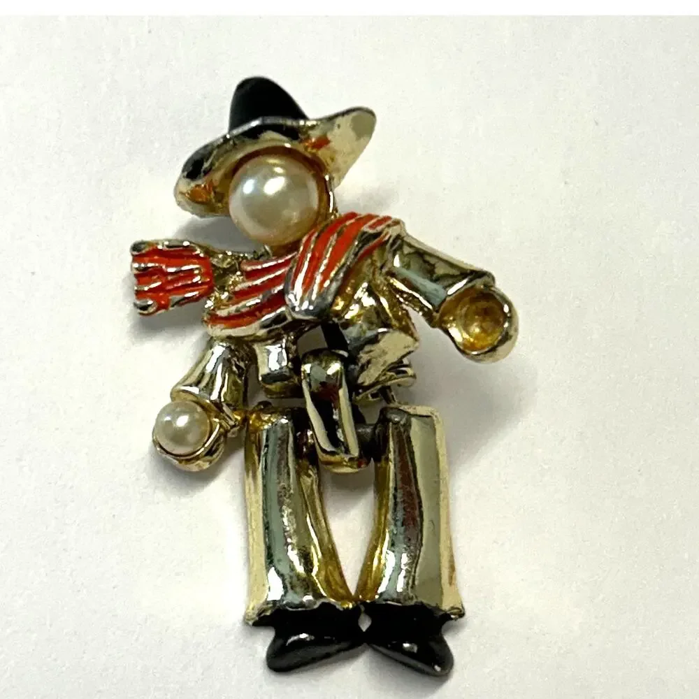 Vintage Mariachi‎ Man Articulated Enamel Faux Pearl Brooch Pin